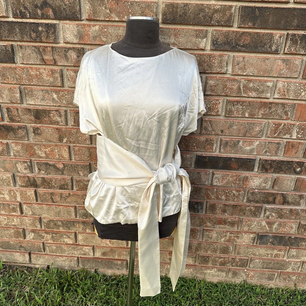 Leal Daccarett Women's Shirt Size 10 Ivory‎ Silk Tie Waist Designer Short Sleeve